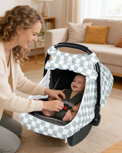 Image of DILIMI Car Seat Covers for Babies, Muslin Cotton Baby Car Seat Cover with Breathable Mesh Window, Summer Infant Car Seat Canopy for Boys Girls Newborn, Green Plaid