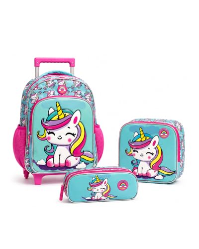 Kit Mochila de Rodinhas Escolar Unicórnio Com Estojo E Lancheira - Yepp Volta as Aulas (Azul)