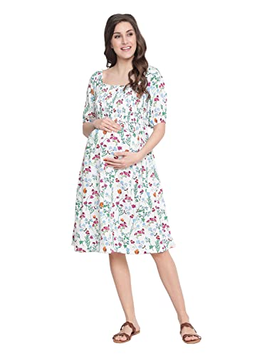 Image of oxolloxo Polished White Floral Print Ruffled Maternity Smokced Dress