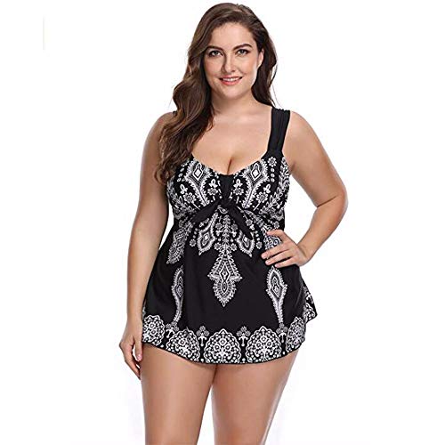 Divgdovg Conjunto Bikini Mujer Dos Piezas Estampado Falda Verano para Playa Ropa de Baño Punto Floral Sin Manga Tirante Talla Grande Tankini Falda Y Pantalones Cortos Conjuntos,Negro,62(85-95kg) Cover