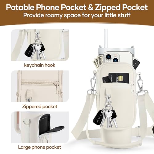 Image of linmaya Water Bottle Carrier Bag with Phone Pocket for Stanley 40 /30 oz Tumbler Neoprene Water Bottle Holder Pouch with 2 Adjustable Strap & 3 Leak Stoppers for Stanley Cup Accessories