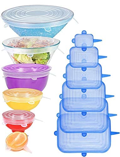 [12Pack] Longzon Silicone Stretch Lids 6 Clear Round 6 Blue Rectangle, Magic Lids Reusable Food Covers For Bowls, Cups, Cans, Fit Different Sizes & Shapes Of Container, Dishwasher & Freezer Safe #TOP14
