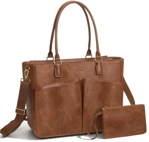 Image of Laptop Tote Bag for Women, Leather Work Tote with Padded Laptop Compartment, Cup Holder, Office Computer Briefcase