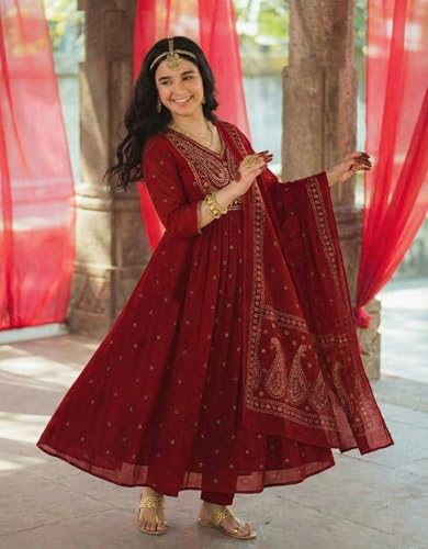 Image of GoSriKi Rust Anarkali Kurta Set for Women with Dupatta | Cotton Kurti Set for Woman | Embroidered Anarkali Suit for Women Kurti Pant Set with Dupatta | Suit Set for Women Latest