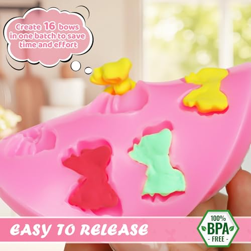 Image of HKNMTT Mini Bow Silicone Molds for Candy Fondant Chocolate Clay Cake Sugar Cake Pop Decorating, 16 Cavities Cute Shapes DIY Cupcake Toppers Craft Birthday Moulds