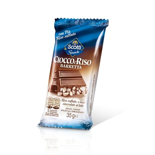 Riso Scotti Cioccoeriso Barretta, Riso Soffiato, Riso Estruso e Cioccolato al Latte, Snack Croccante al Cioccolato, 35g