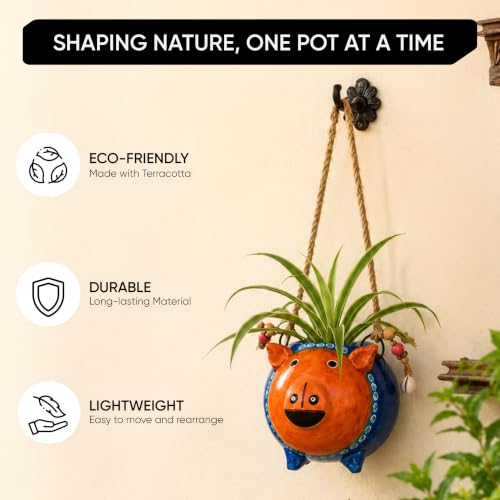 Image of AAKRITI ART CREATIONS Terracotta Hanging Planter | Blue Pig Design with Jute Hanger, Modern Art, Matte Finish | Decorative Hanging Pot for Indoor & Outdoor Home Decor