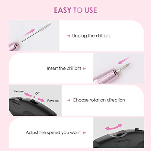 Skymore Professional Electric Nail Drill for Acrylic Nails, Portable USB Nail File Manicure & Pedicure Tools Set, 11 in 1 Acrylic Finger Toe Nail Care Kit, 16 Sanding Bands and 1 Nail Clipper (Pink)