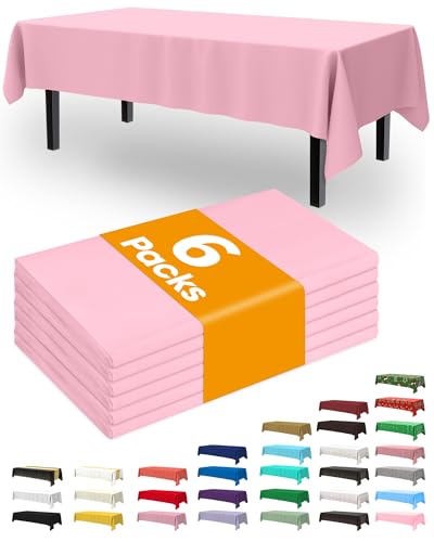 Image of Pureegg Plastic Table Cloth Disposable 6 Pack, 54 x 108 Inch, Pink | Easter Party, Valentines Day, Mothers Day, Waterproof, Pink, Tablecloth