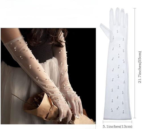 Women Long Gloves with Pearls for Wedding Full Finger Bridal Party Evening Gloves Mesh4