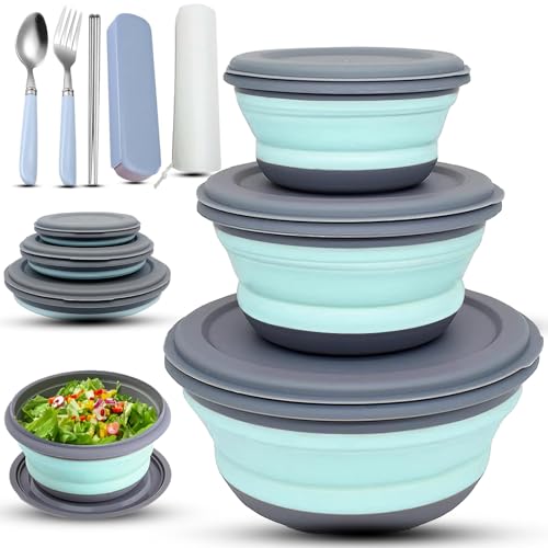 RMAMSCOV Camping Bowl, 3 PCS Food Grade Silicone Collapsible Bowl Lunch Box Salad Bowl with Lid, Expandable Food Storage Containers Set with Free folding tableware and storage bag (Blue)