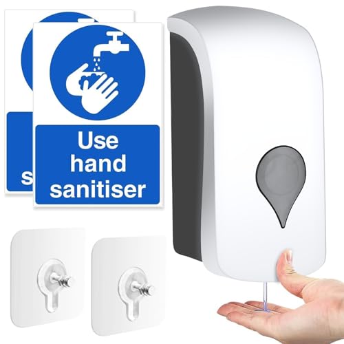 1000ML Soap Dispenser Wall Mounted Liquid Soap Dispenser Manual Gel Liquid Shampoo Detergent Container for Bathroom Kitchen Hotel School Office USE HAND SANITISER Sign Stickers (White)