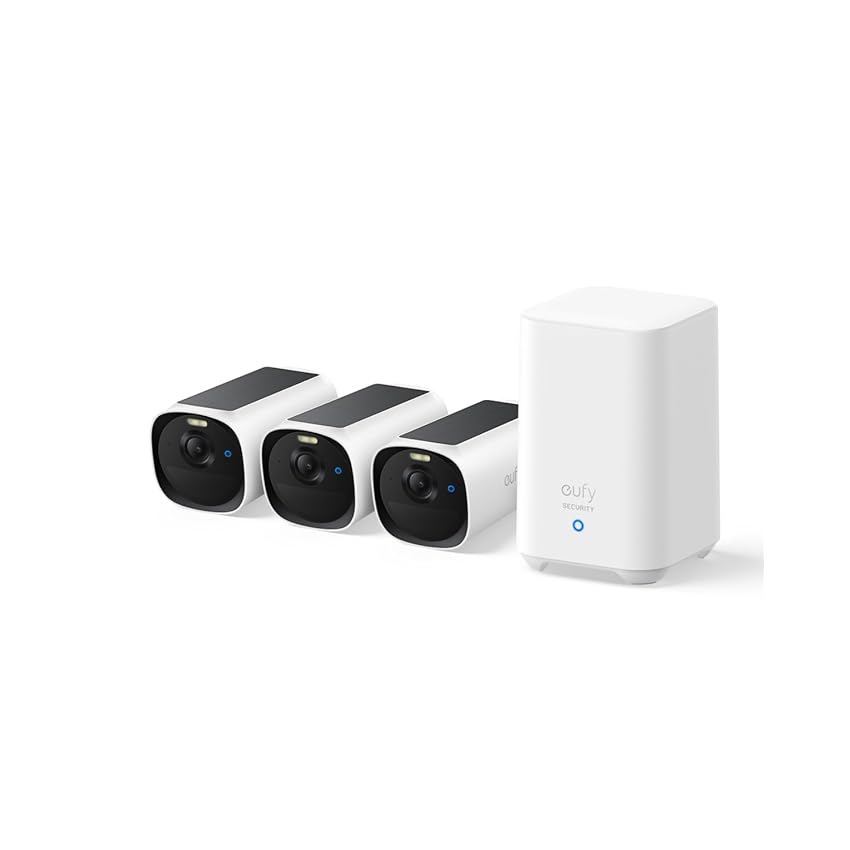 eufy Security eufyCam E40 3-Cam Kit (HomeBase 2), Telecamera di Sicurezza Wireless Solare da Esterno, Risoluzione 2K con Pannello Solare Integrato, Visione Notturna MaxColor, 3+1