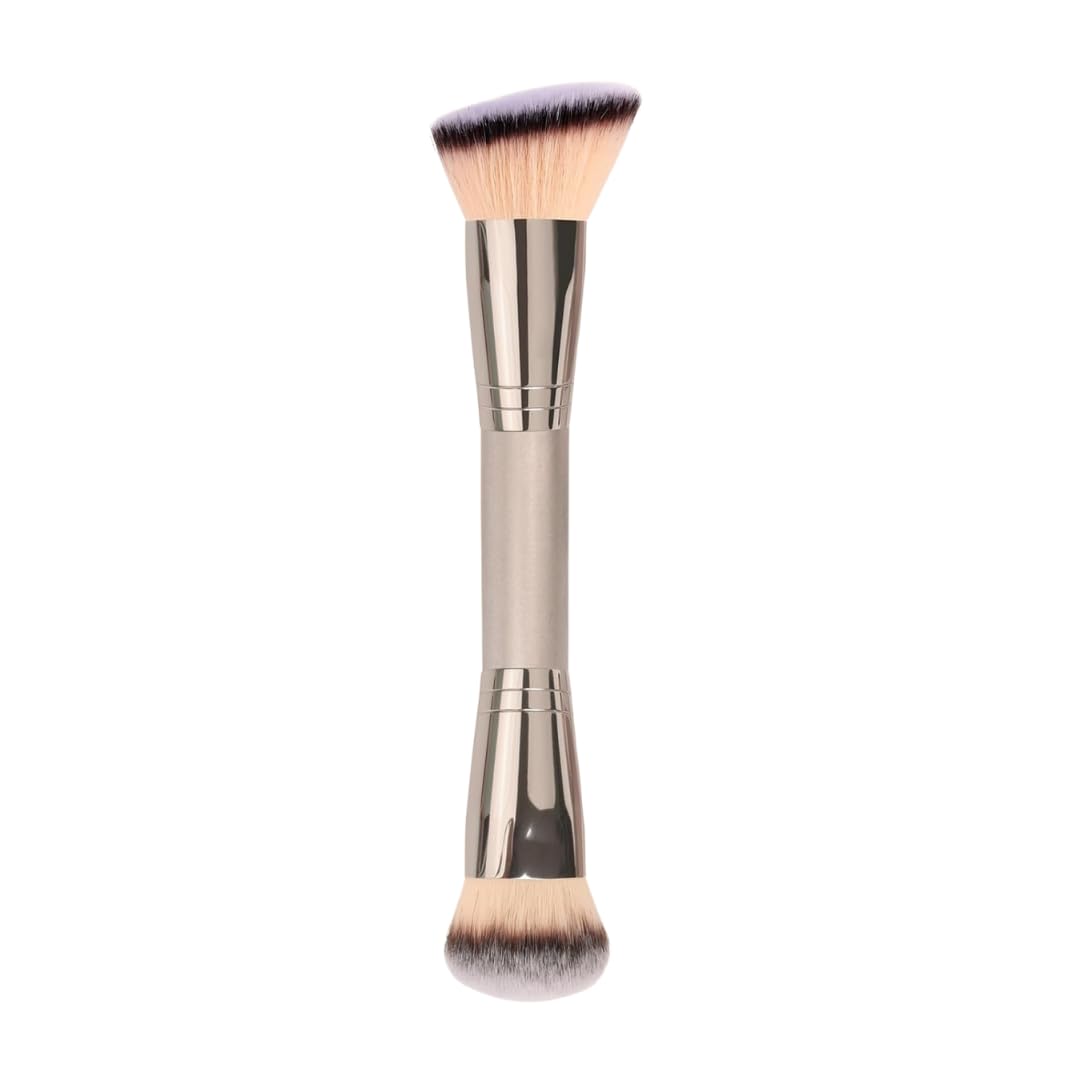 Dual Ended Makeup Brush - 2-in-1 Angled Foundation & Round Powder Brush for Liquid, Cream & Contour - Soft Synthetic Bristles for Blending & Buffing (Champagne Gold)