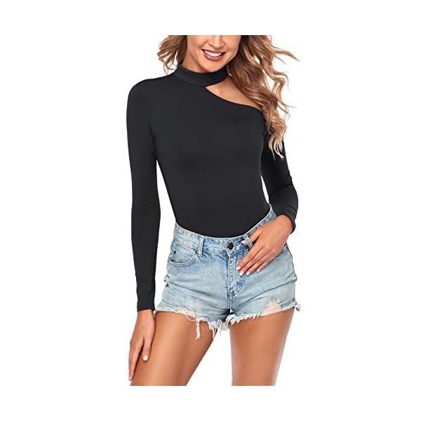 SEVEGO Women's Soft Mock Neck Off The Shoulder Bodysuit with Long Sleeve Stretchy Tops Jumpsuit, Black, M
