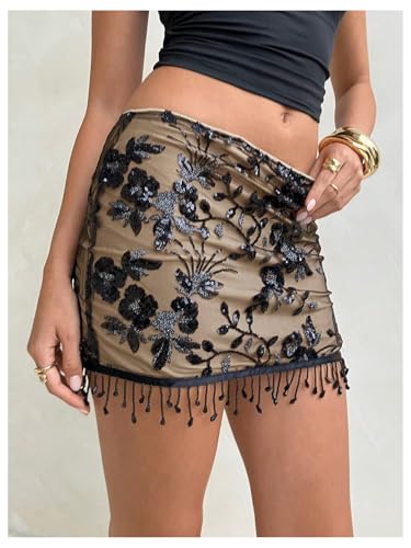 MakeMeChic Women's Party Sequin Floral Mini Skirt Sparkly Low Waist Fringe Bodycon Skirts2