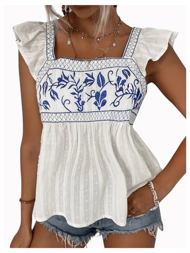 SweatyRocks Women's Floral Embroidery Ruffle Cap Sleeve Top Tie Back Flared Blouse Shirt2