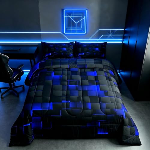 Image of Erosebridal Black Navy Royal Blue Comforter Set Twin Neon Geometric Checkered Bedding Set for Teen Boys Gamer Room Decor,Abstract Stereoscopic Grids Quilt Square Plaid Check Bed Set 2 Pcs