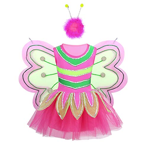 Freebily Kids Girls Bee Fairy Costume Sequins Tutu Dress with Hair Clip Wings Festival Easter Cosplay Party Fancy Outfit Rose Red 3-4