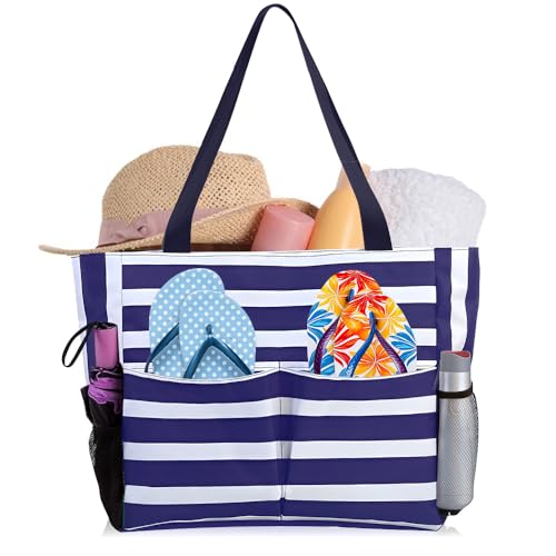 HMIEPRS Borsa Mare Donna Grande, Famiglia Borsa Spiaggia Impermeabile Tote Bag con Cerniera, Borsa Pieghevole da Viaggio Essenziale Beach per Shopping picnic Vacanza Piscina (Righe Bianche e Blu)