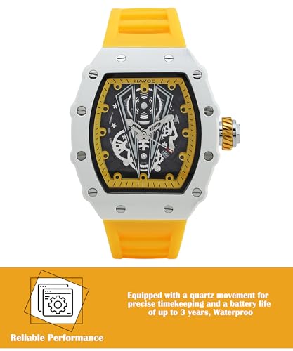 Image of Havoc Craft Men's Luxury Sports Watch 30M Waterproof Tonneau Chronograph | Analog Quartz Wristwatch with Time & Day Function | Premium Square Dial, Shock-Resistant & Anti-Magnetic Silicone Strap