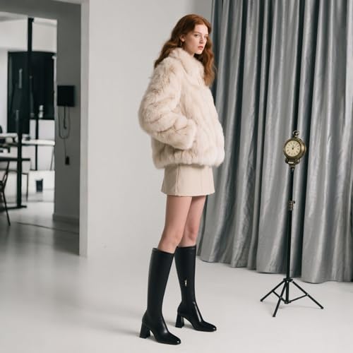 Knee High Boots Women Square Toe Elastic Fall Boots Side Zipper Chunky Heels Dress Office Winter Shoes2