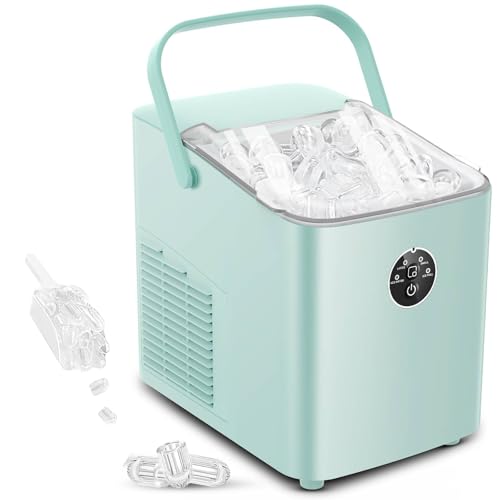 FOHERE Eiswürfelmaschine Klein, 14 kg 24 Stunden, Eiswürfel in 6 Minuten, 2 Größen von Bullet Ice, Selbstreinigende Ice Maker mit Griff, Eisschaufel u. Korb, Eiswürfelbereiter für Party, Büro, RV