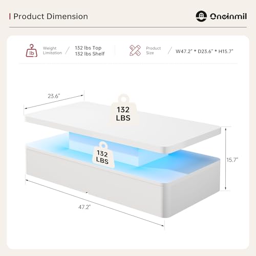 oneinmil Modern LED Coffee Table, 47" Living Room Tables with Double-Layer Design, 16 Colors LED Lights, Stylish Coffee Tables for Living Room, Home, Office, White