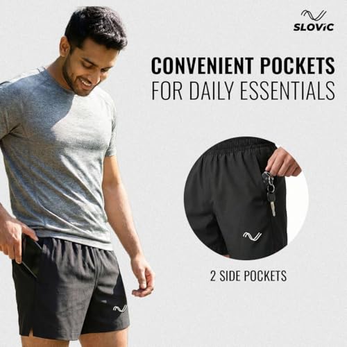 Image of SLOVIC Running Shorts for Men | Durable Gym Shorts for Men Workout | Breathable Mens Running Shorts with Phone Pocket | Ideal for Sports, Gym, Home Comfort | Black