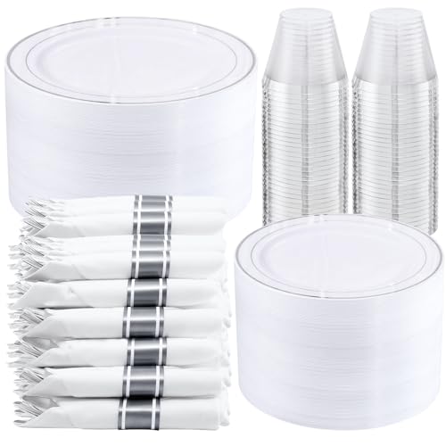 WELLIFE 350-Piece Silver Plastic Dinnerware Set – Disposable 10.25″ Dinner Plates, 7.5″ Dessert Plates, 9oz Silver Rim Cups & Cutlery for Weddings – 50 Guest Service – Elegant Disposable Silverware