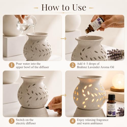 Image of BRAHMZ Ceramic Electric Aroma Oil Diffuser | Ancient Matki Design Oil Burner with Halogen Bulb & Lavender Aroma Oil (White, 10g)