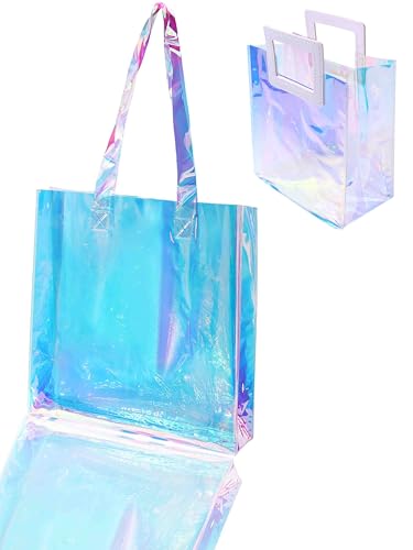 Woeoe Holographic Iridescent Tote Bag for Women Waterproof Beach Bags Clear Shoulder Handbag for Pool Stadium