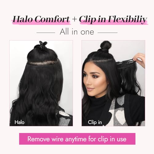 KooKaStyle Invisible Wire Hair Extensions with Transparent Wire Adjustable Size 4 Secure Clips Long Wavy Secret Hairpiece (24 Inch, Black)