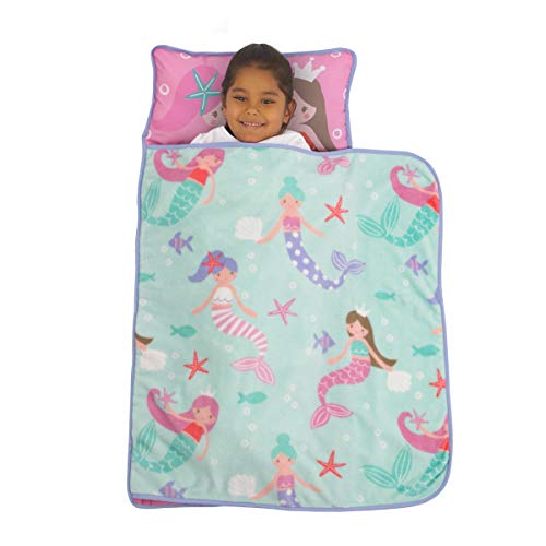 Image of Everything Kids Pink and Aqua Mermaid Toddler Nap Mat with Pillow and Blanket