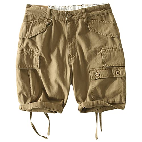Maiyifu-GJ Mens Solid Multi Pocket Cargo Shorts Cotton Relaxed Fit Lightweight Shorts Comfort Outdoor Hiking Short Pants (Khaki,Large)