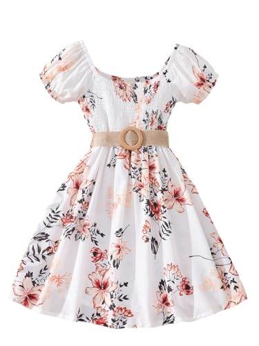 Girl's Floral Puff Sleeve Vacation Dress Smocked Ruffle Hem A Line Summer Dresses with Belt