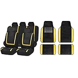 FH Group FH-FB032115 Unique Flat Cloth Seat Covers with F14407 Premium Carpet Floor Mats, Yellow/Black Color- Fit Most Car, Truck, SUV, or Van
