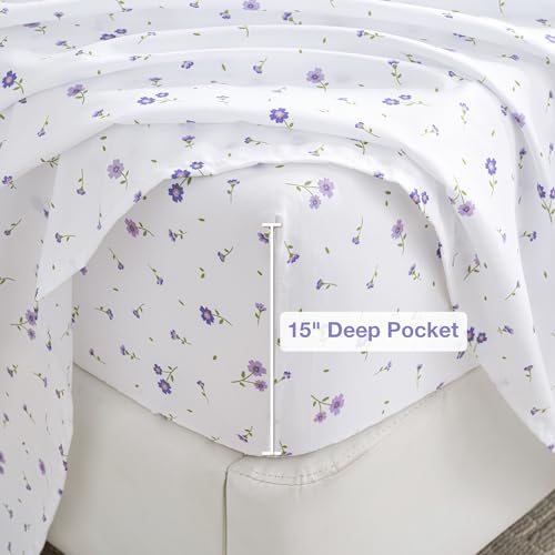 Image of Softan Floral Queen Sheet Set Purple Flower Bed Sheets Printed Queen Size - 4 Piece Microfiber Patterned Fitted Sheets with 15 inch Deep Pocket, Spring Flower Sheets and Pillowcase Set