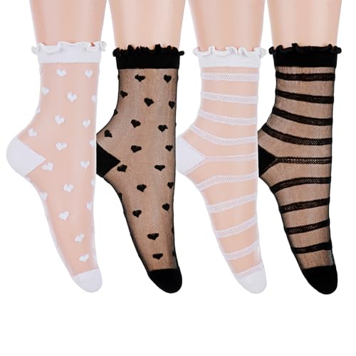 Nogeqi 4 Paar Rüschen Socken Durchsichtige, Nylon Socken Mit Rüschen Damen, Transparent Söckchen Feinstrumpfsöckchen, Nylonstrümpfe Damen Feinstrümpfe Atmungsaktive Für Sandalen, Pumps