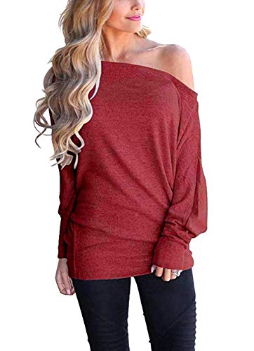 CLOUSPO Off Shoulder Tops for Women Casual Pullover Sweater Tops Batwing Long Sleeve Sweatshirts Casual T Shirt (Red, S)