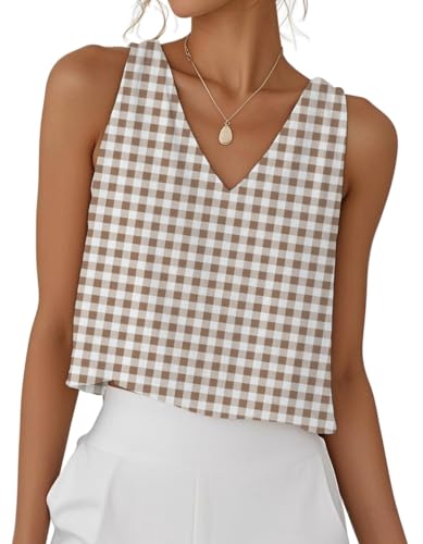IDEALSANXUN Gingham Tank Tops for Women Spring Summer V Neck Cute Cropped Sleeveless Shirts Blouses