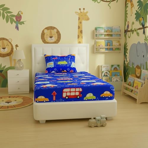 Image of Filymore Kids Single Bedsheet Super Car Theme for Single Size Bed 240 TC Microfiber Soft Cartoon Bedcover for Kids Room 90x60 Inches Red Blue and White