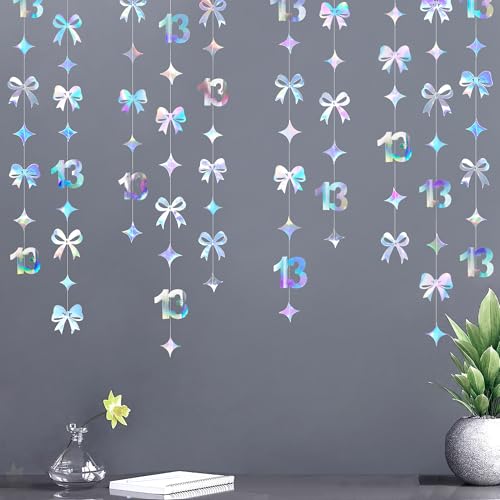 Image of Iridescent 13th Bow Birthday Decorations Glitter Conquette Bow Garland Streamer Banner Backdrop for Girls Boys Happy 13th Birthday Official Teenager Cheers to 13 Years Old Anniversary Party Supplies