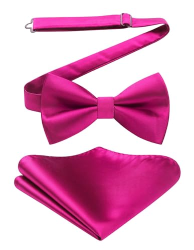 HISDERN Bow Ties for Men Hot Pink Solid Color Pre Tied Bow Tie and Pocket Square Set Classic Formal Tuxedo Fuchsia Bowties Handkerchief for Wedding Party