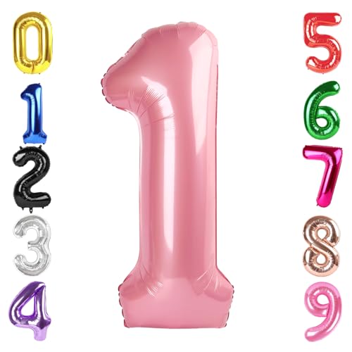 Image of 40 Inch Pastel Pink Number 1 Balloon, 1st Birthday Party Decorations | 40 Inch Pastel Pink inflatable foil number balloons, large birthday decorations for 1st birthday