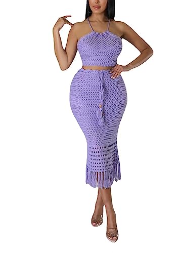 Image of Women Plus Two-Piece Skirt Set Tassel Fishing Net Knittin Hollow Out Off Shoulder Beach Dresses Swimsuit Cover Ups