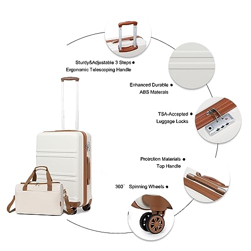Kono Luggage Sets of 2 Piece Lightweight 52x38x21cm ABS+PC Hard Shell Travel Carry on Suitcase with TSA Combination Lock + Ryanair 40x20x25cm Cabin Bag (Cream White, 20 Inch Luggage Set) - Image 4