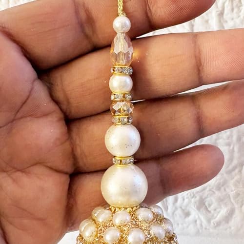 Image of Adikala Craft Store Handmade Ethnic Latkan Tassel Set of 2 for Saree Pallu, Blouse, Suits, Dupatta, Lehenga Decor | Ethnic Saree Pallu, Blouse, Suit, Dupatta & Lehenga Decoration (White Glitter D2)