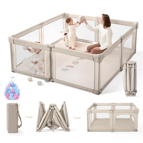 LIODUX Foldable Baby Playpen 180 x 200CM Quick Setup Baby Fence Collapsible Play Pen for Babies Folding Childrens Fence Play Area with Storage Bag & 30 Ocean Balls Playpen for Babies (Beige)