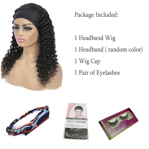 Image of WENYAN Deep Wave Headband Wig Human Hair 12 Inch Curly Glueless Wigs #1B | None Lace Front Half Wigs for Black Women,Brazilian Virgin Hair Wear and Go Wig,Machine Made,150% Density,Natural Color
